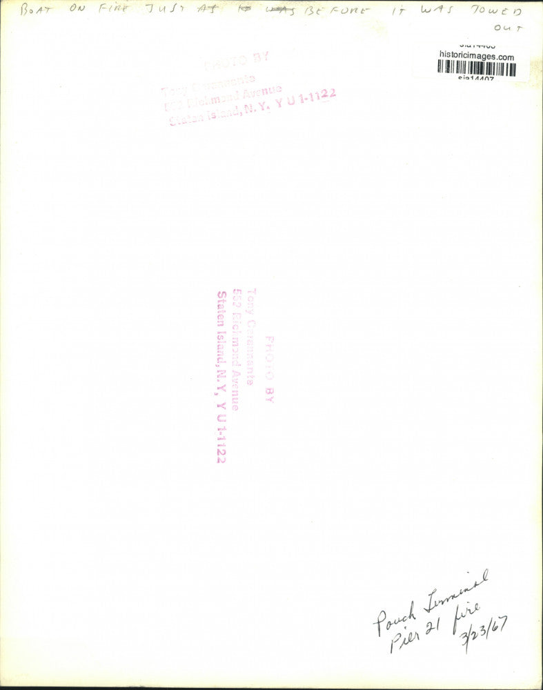 1967 Press Photo Firemen at boat fire at Pouch Terminal Pier 21 - sia14407