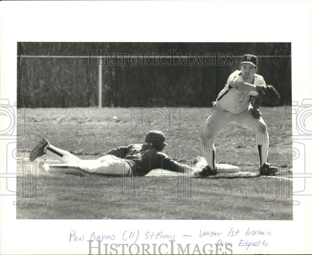 1989 Press Photo Wagner College Baseball&#39;s Dean Esposito Waits for Throw at 1st.- Historic Images