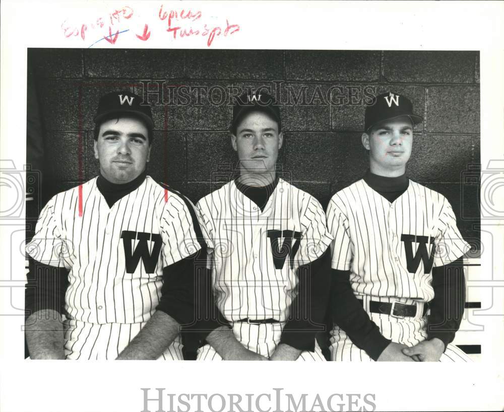 Press Photo Wagner Baseball&#39;s Dean Esposito, Michael Jack &amp; Randy Chirumbolo- Historic Images