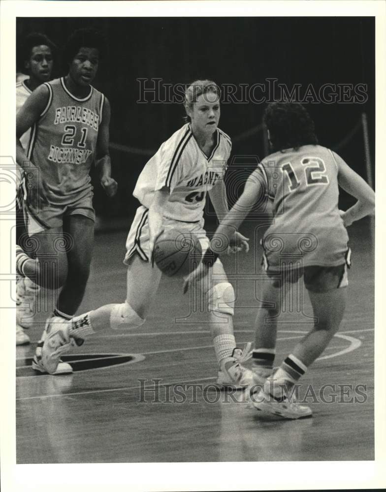 1989 Press Photo Claire Magner, Wagner College Basketball, Dribbles Past FDU- Historic Images