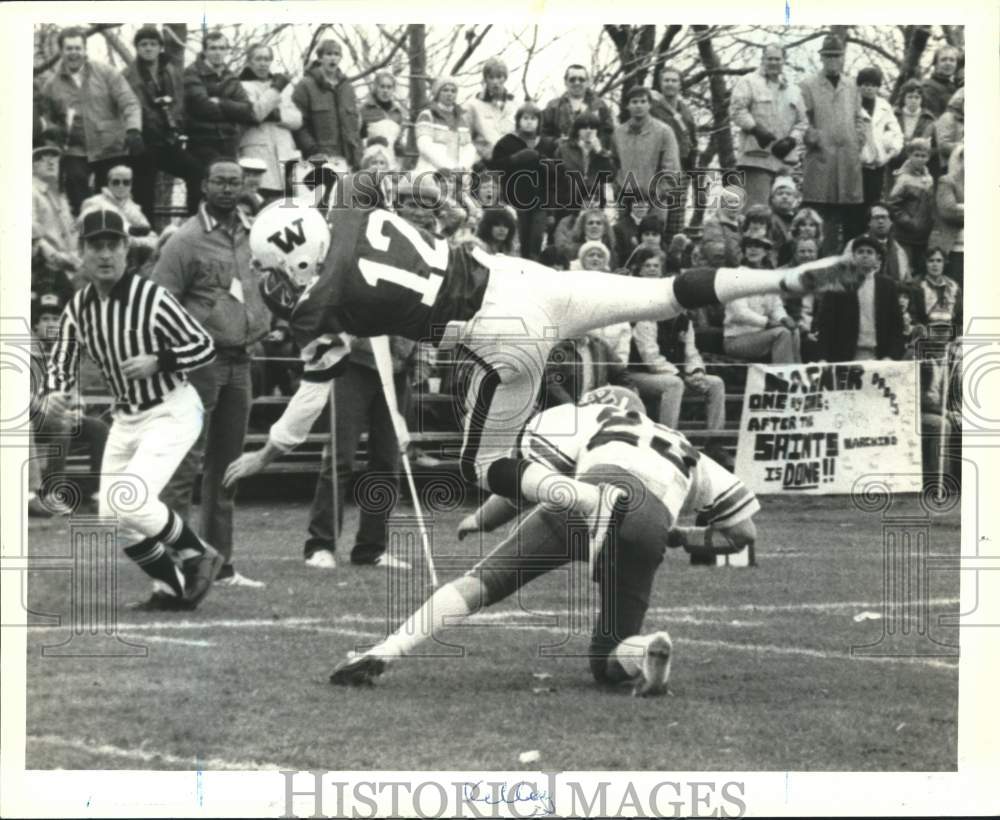 Press Photo Wagner College football player up-ended by opposing player- Historic Images