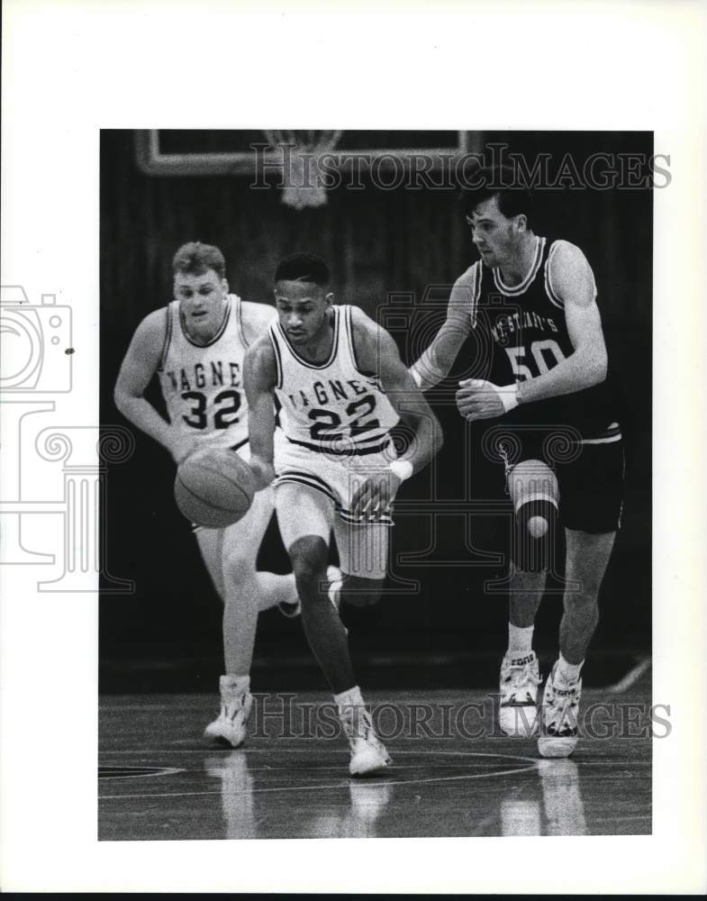 Press Photo Wagner College Basketball #22 Pat Burke Moves Ball Vs Mt. St. Mary's- Historic Images