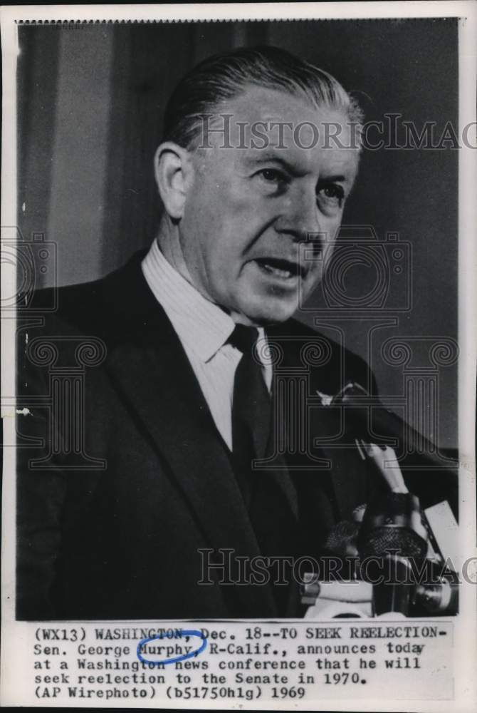 1969 Press Photo Sen George Murphy, R-CA, to seek reelection in 1970 - sia32137- Historic Images