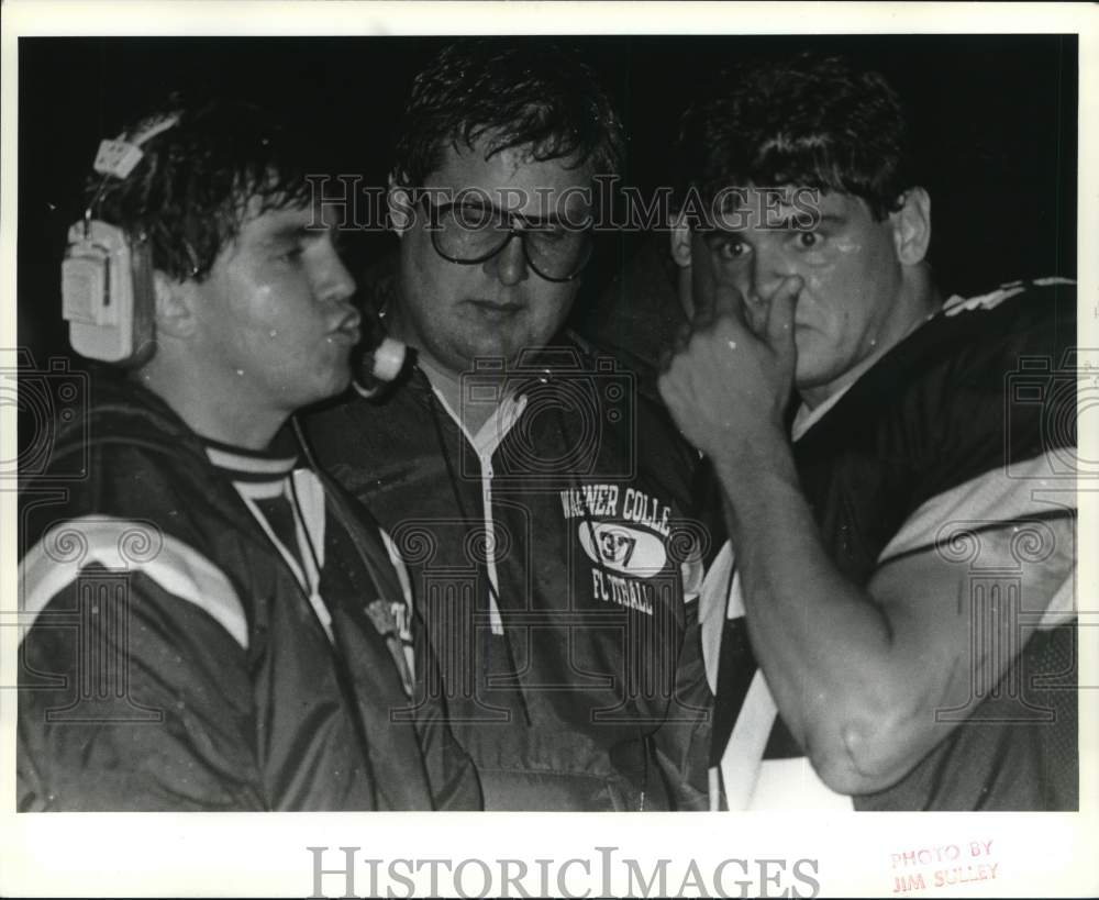 Press Photo Wagner College Football Coaches Meet with Player #12- Historic Images