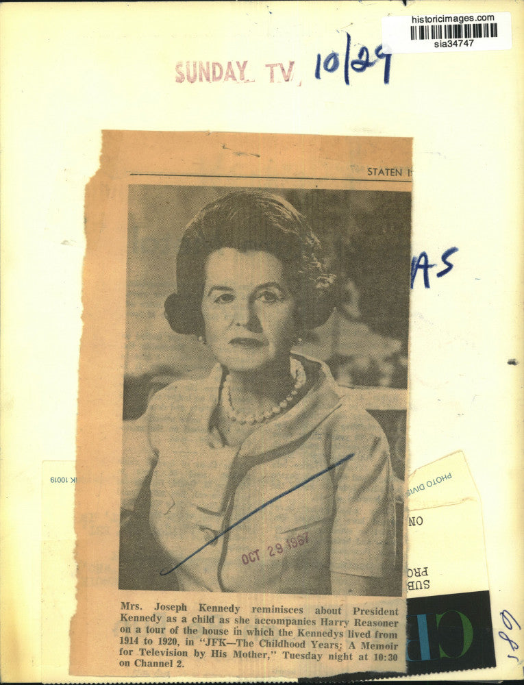 1967 Press Photo Rose Kennedy on CBS TV special "JFK, The Childhood Years"