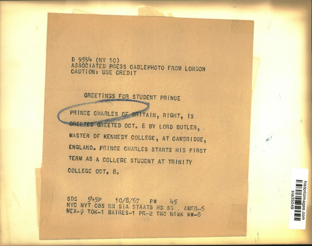 1967 Press Photo Britain's Prince Charles starts first term at Trinity College