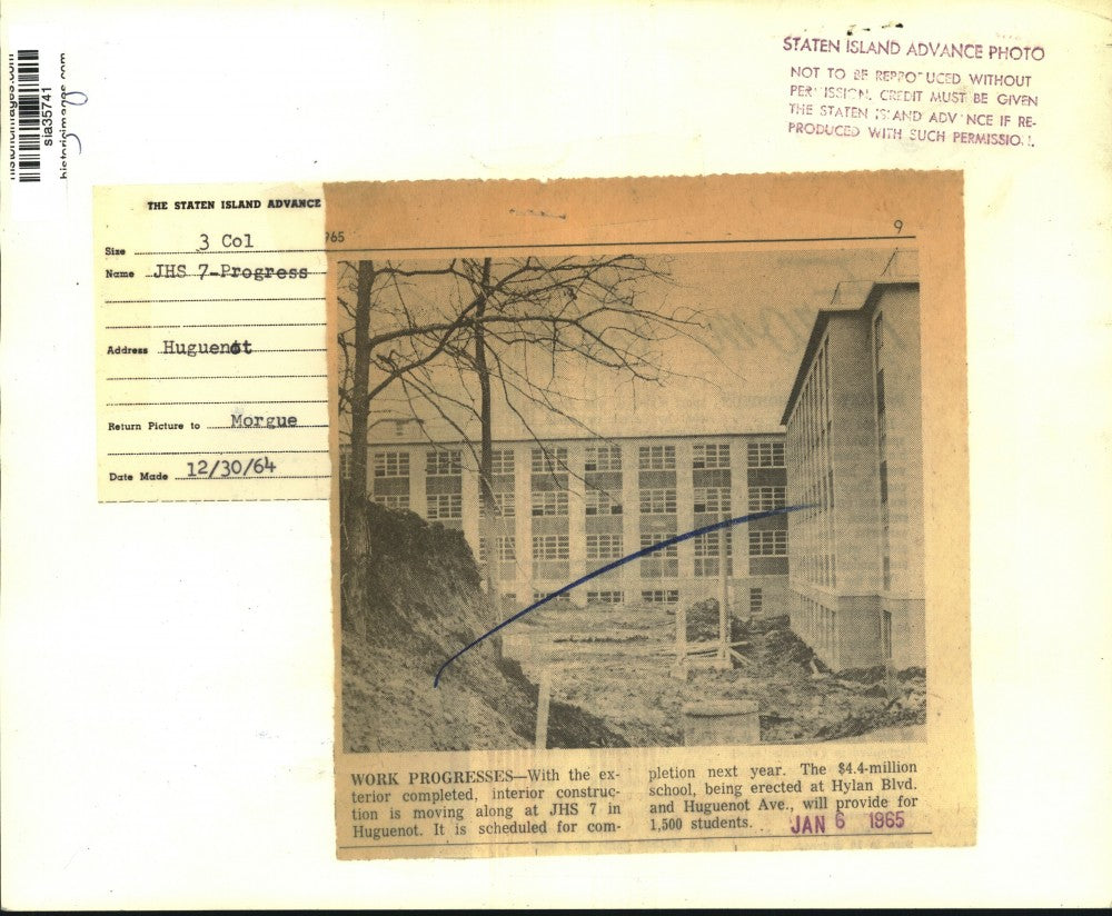 1964 Press Photo High School Building Construction on Huguenot Avenue
