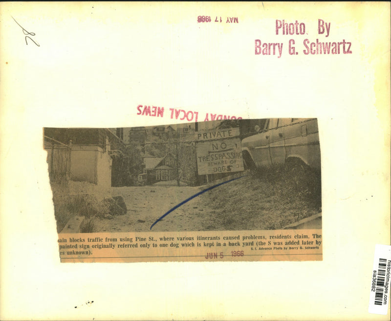 Load image into Gallery viewer, 1966 Press Photo Traffic Blocked From Pine Street; Hand-Painted Sign Warns Dogs
