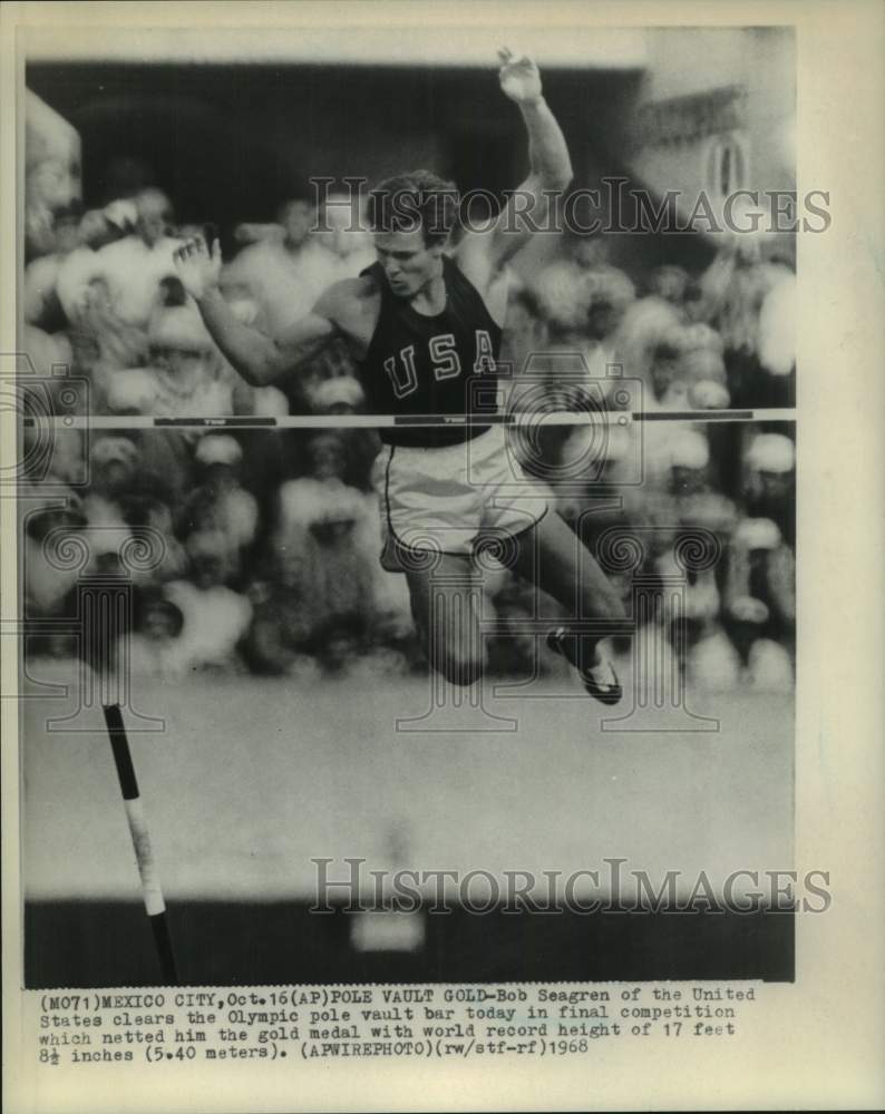 1968 Press Photo Pole vaulter Bob Seagren sets world record and wins gold medal- Historic Images