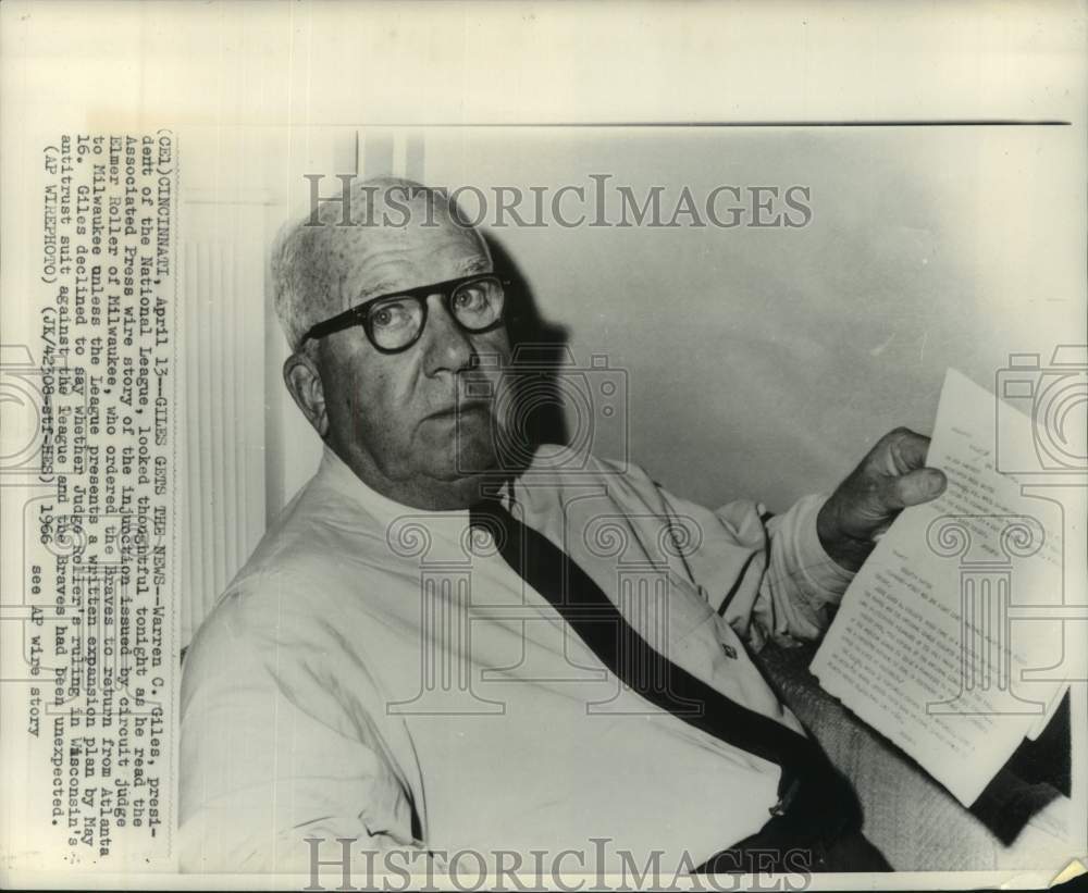 1966 Press Photo National League baseball president Warren Giles in Cincinnati- Historic Images