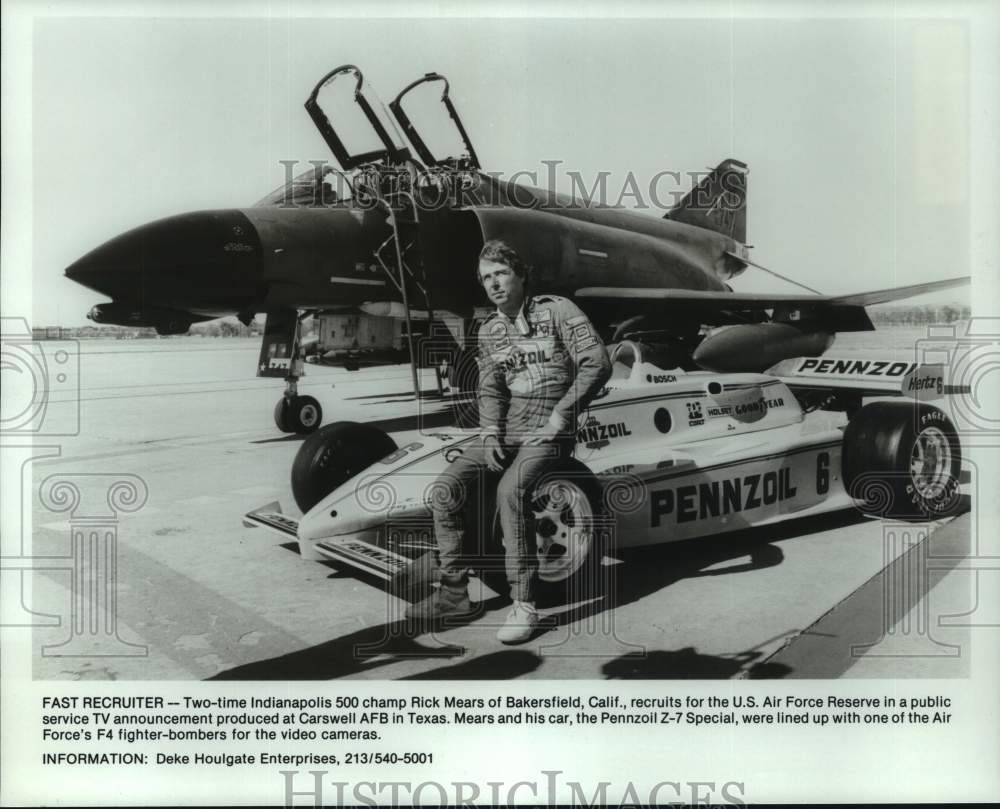 Press Photo Rick Mears, Race Car Driver, By U.S. Air Force Reserve F4 Jet Bomber- Historic Images