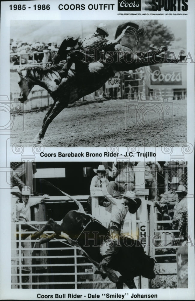 1985 Press Photo Bareback Rider JC Trujillo &amp; Bull Rider Dale &quot;Smiley&quot; Johansen- Historic Images