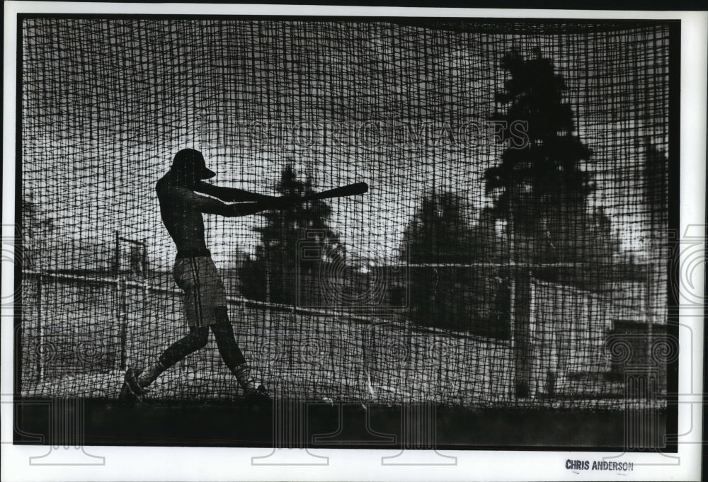1993 Press Photo Duke Staggs in the batting cade, Coeur d'Alene - spo01228- Historic Images