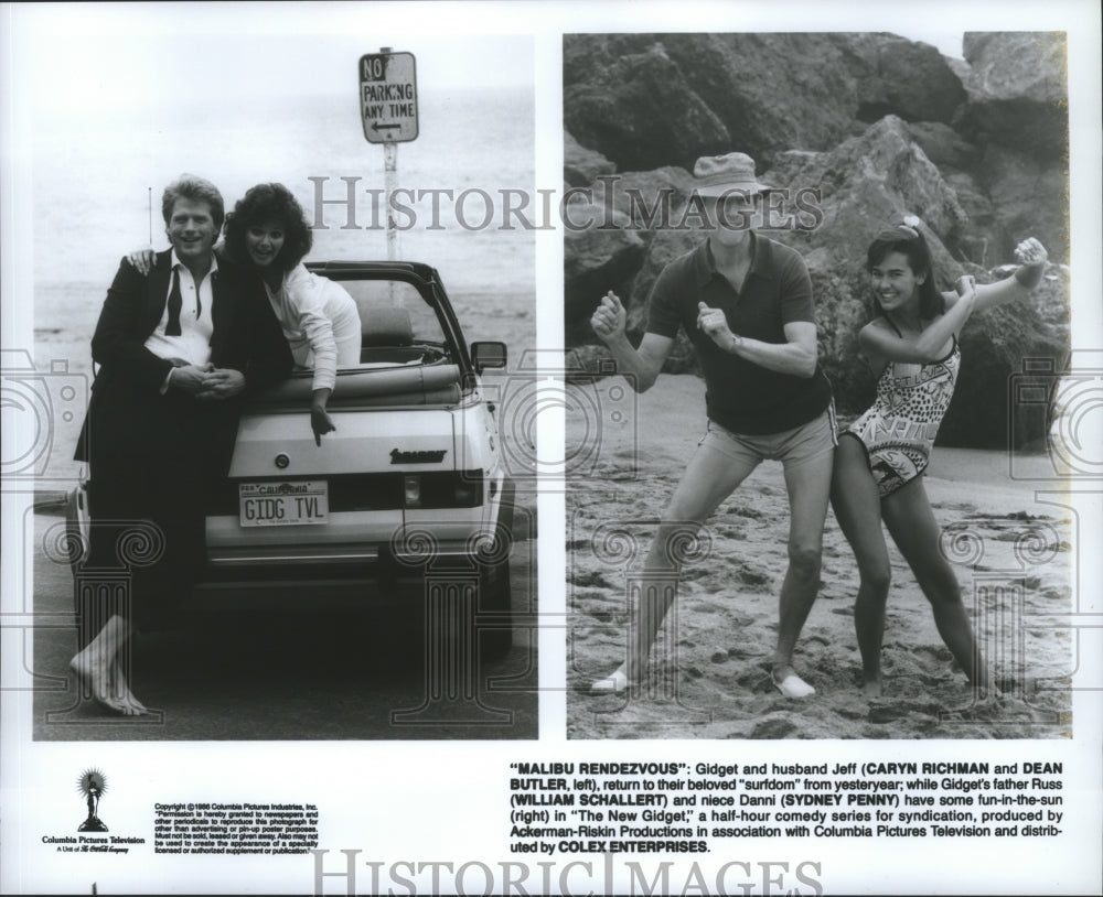 1986 Press Photo William Schallert, Caryn Richman, Dean Butler &quot;The New Gidget&quot;- Historic Images