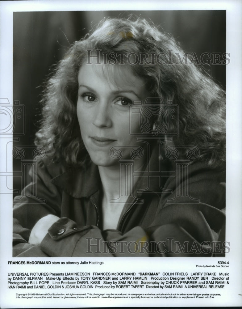 1990 Press Photo Frances McDormand stars as Julie Hastings in &quot;Darkman&quot;- Historic Images
