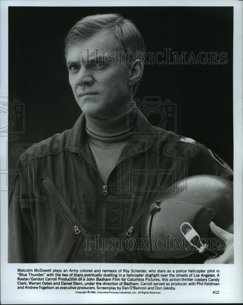 1982 Press Photo Actor Malcolm McDowell plays a helicpter pilot in Blue Thunder- Historic Images