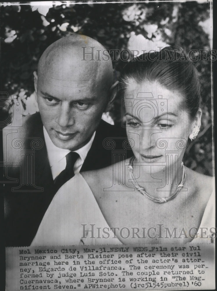 1960 Press Photo The Magnificent Seven actor Yul Brynner weds Berta Kleiner- Historic Images