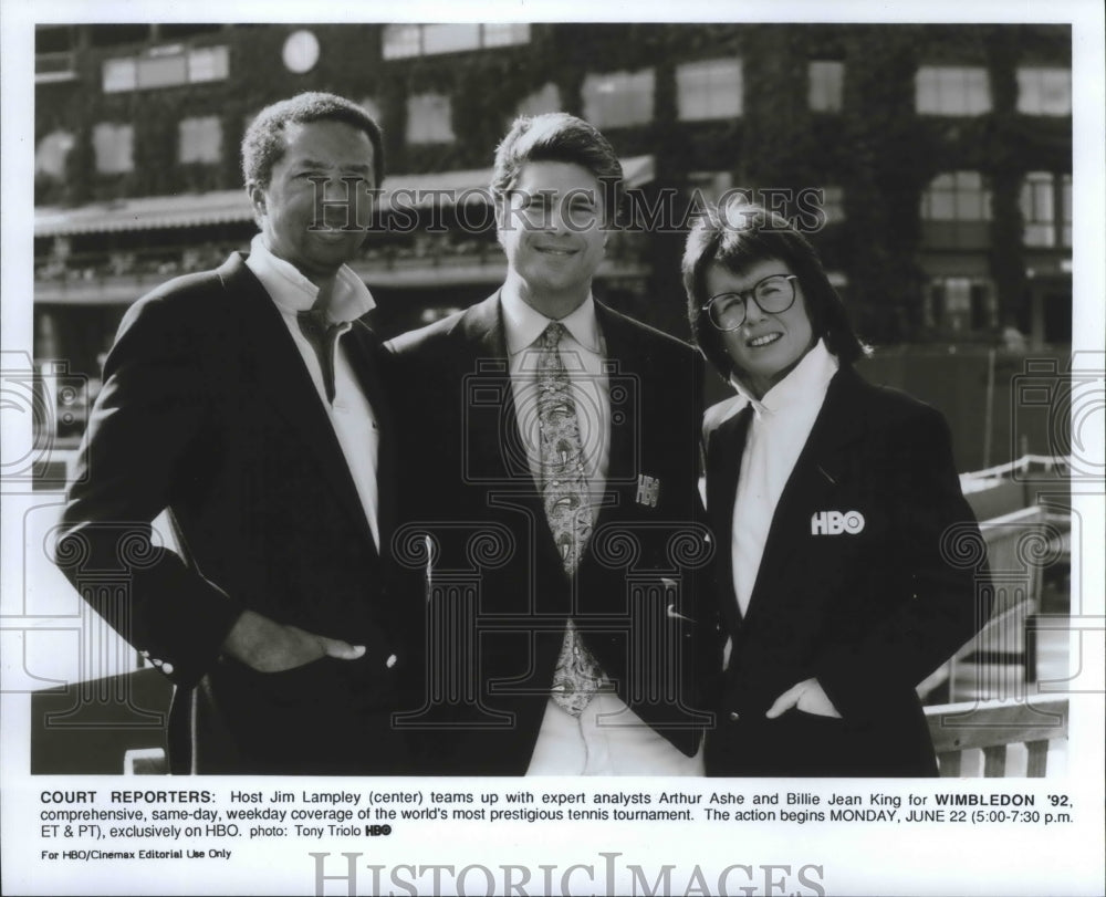 1992 Press Photo Tennis players Arthur Ashe &amp; Billie Jean King with Jim Lampley- Historic Images