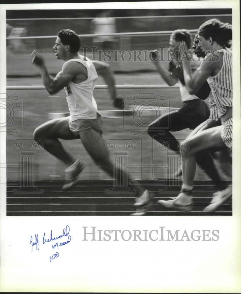 1988 Press Photo Mead&#39;s Jeff Baerwald raced to the early lead in winning the 100- Historic Images