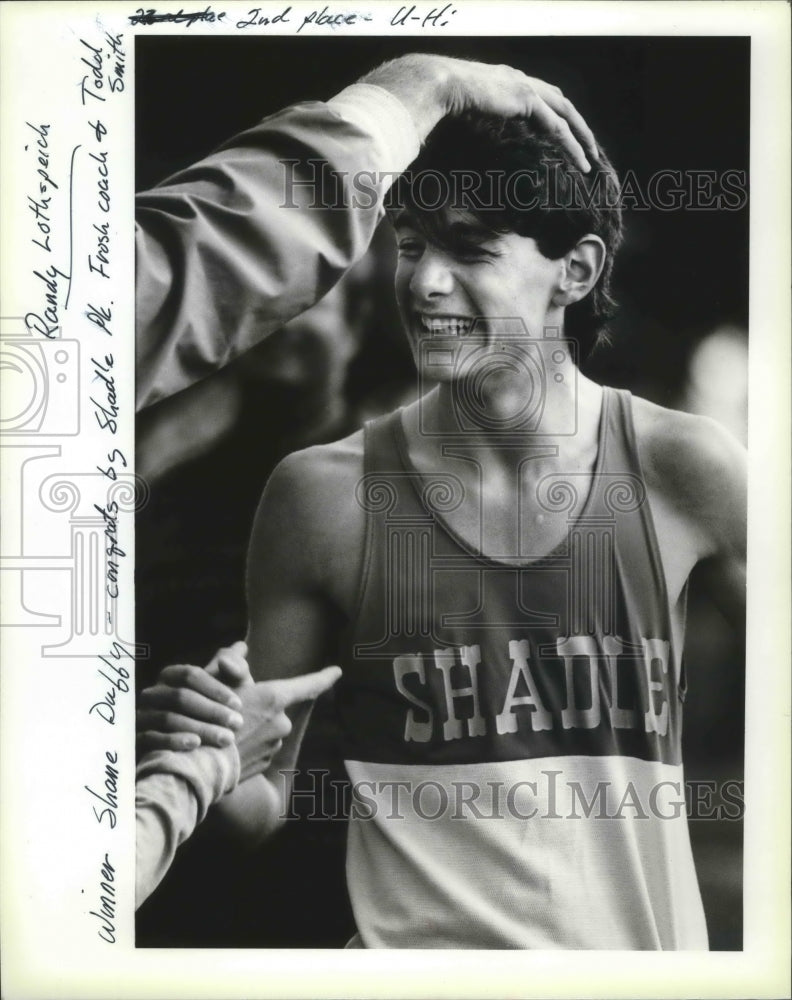 1986 Press Photo Track winner Shane Duffy congrats by Shadle Park Frosh- Historic Images