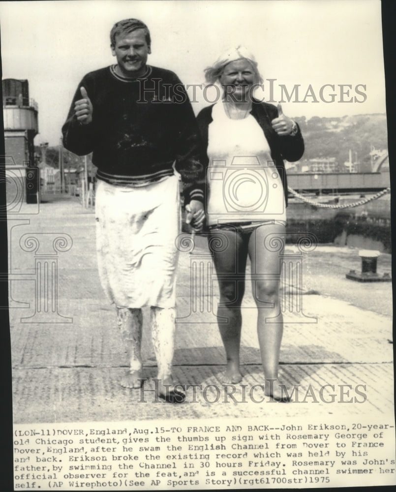 1975 Press Photo Swimmer John Erikson with Rosemary George after breaking record- Historic Images