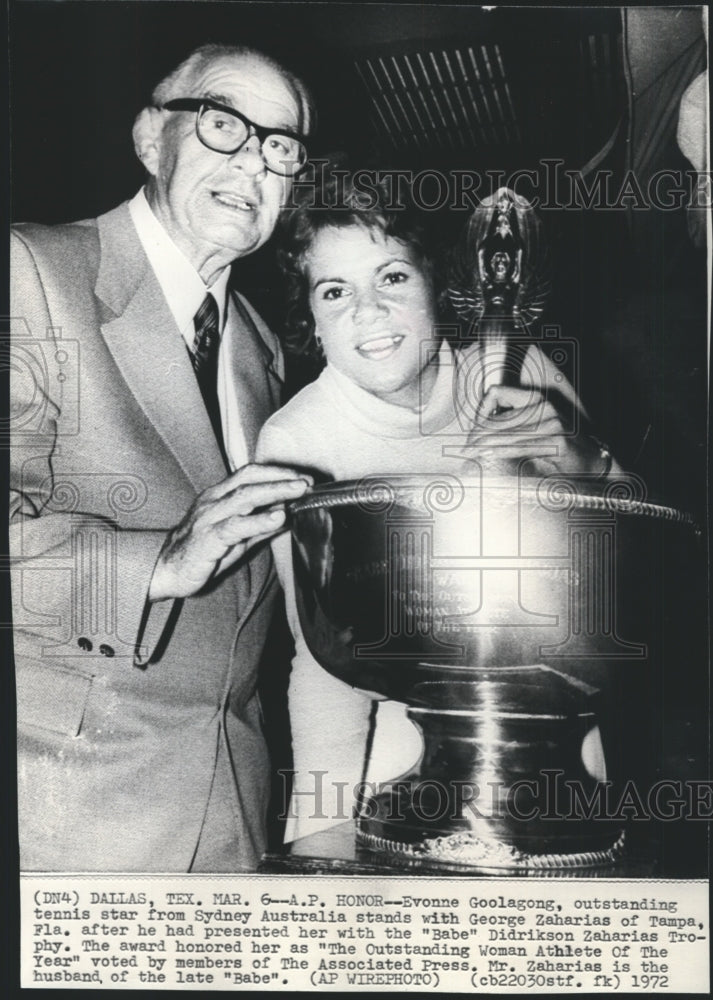 1972 Press Photo Tennis star Evonne Goolagong and George Zaharias - sps03517- Historic Images