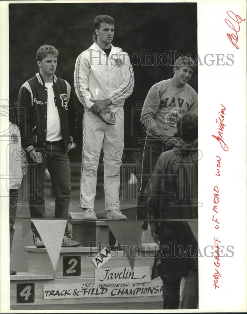 1987 Press Photo Track &amp; field javelin thrower, Toby Graff, wins event- Historic Images