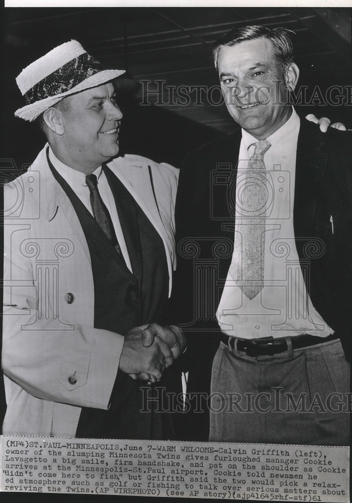 1961 Press Photo Minnesota Twins baseball&#39;s Calvin Griffith &amp; Cookie Lavagetto- Historic Images