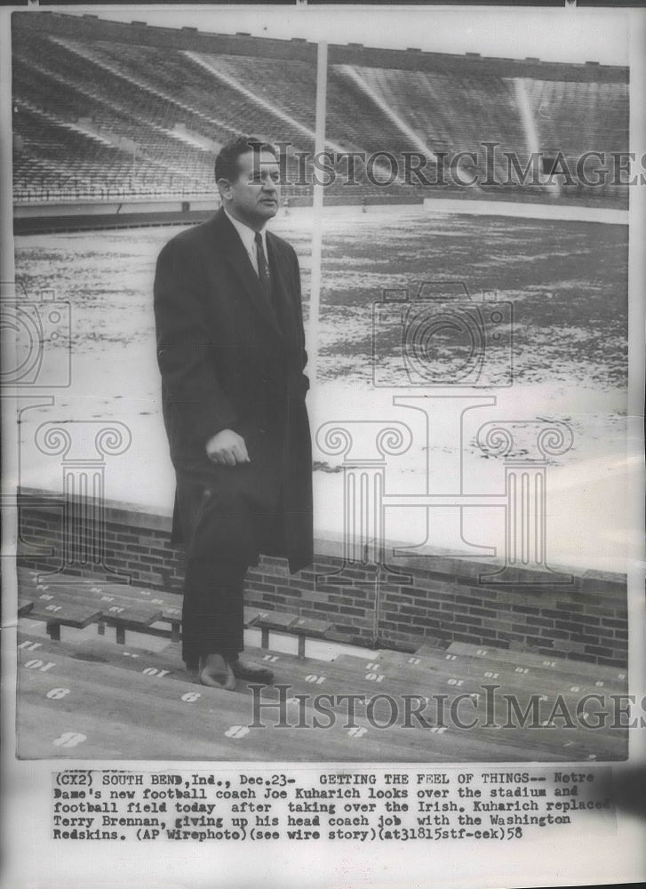 1958 Press Photo Notre Dame&#39;s new football coach Joe Kuharich looks over stadium- Historic Images