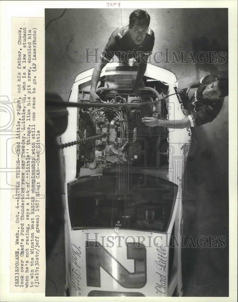 1987 Press Photo Chad and Chuck Little Look Over Ford Thunderbird Racecar- Historic Images