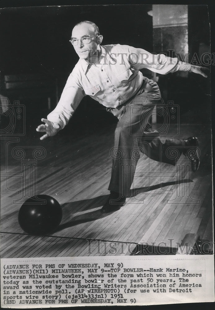 1951 Press Photo Hank Marino Shows the Form That Won Him Bowling Honors- Historic Images