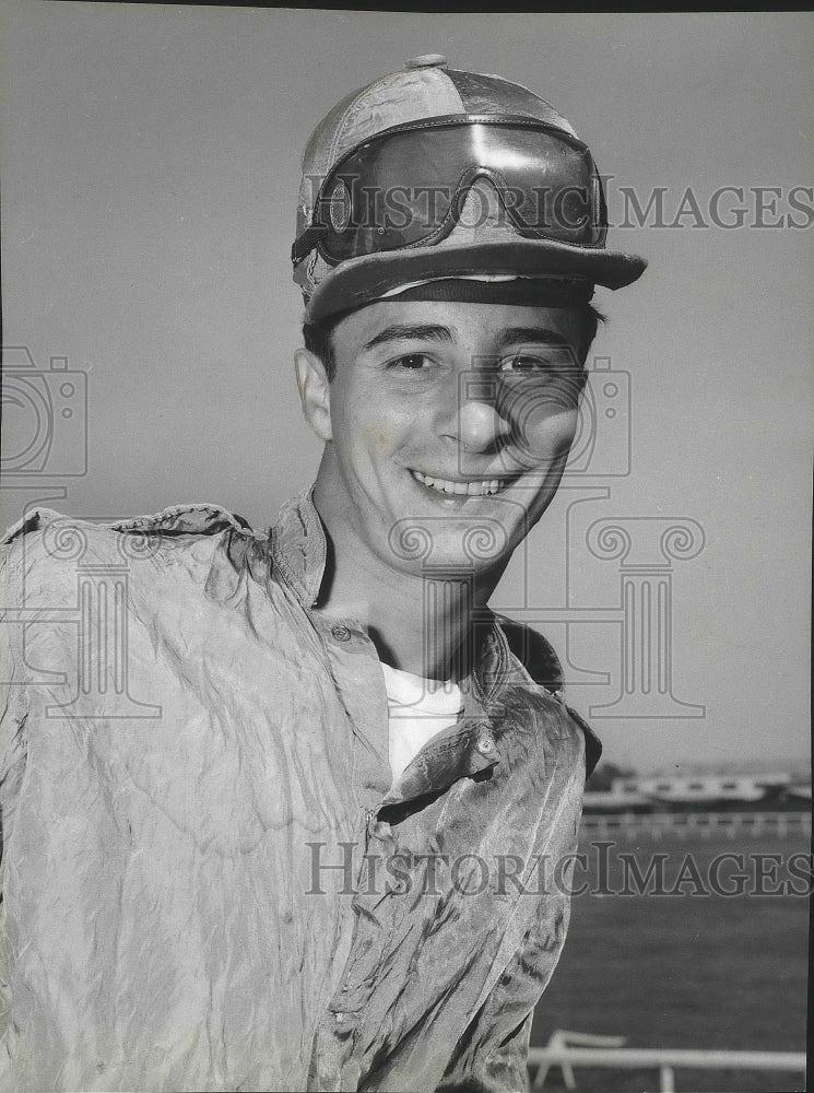 1955 Press Photo Jockey Daniel Manzella Smiles Next to the Horse Race Track- Historic Images