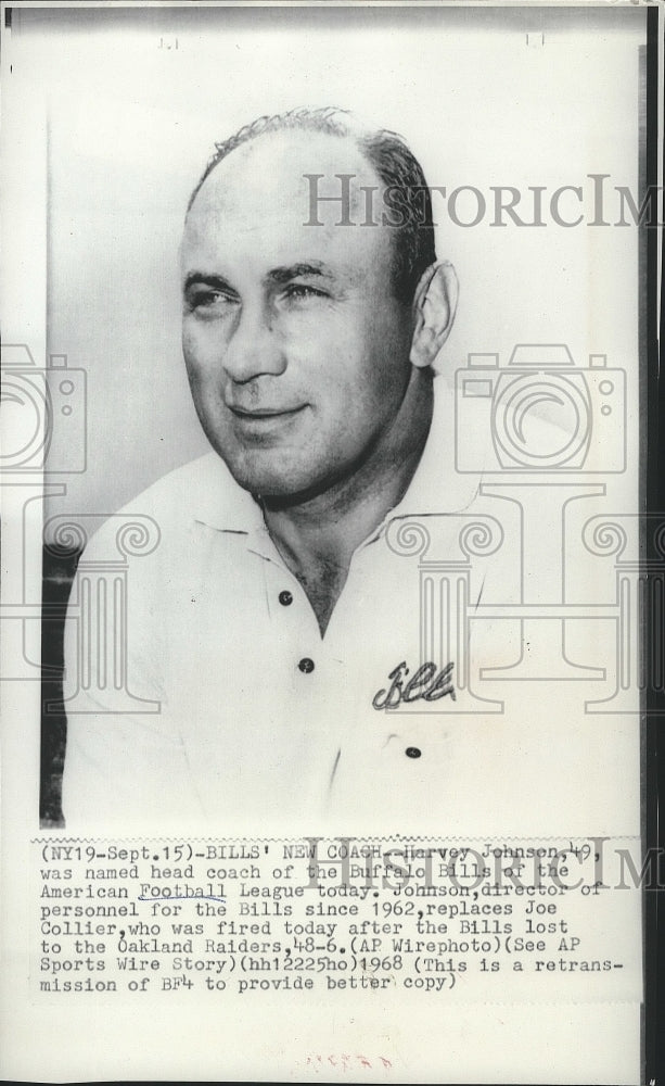 1968 Press Photo Buffalo Bill&#39;s New Football Coach, Harvey Johnson Smiles- Historic Images