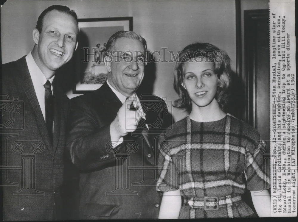 1962 Press Photo Baseball-Stan Musial with daughter Geraldine &amp; Senator Ed Long- Historic Images