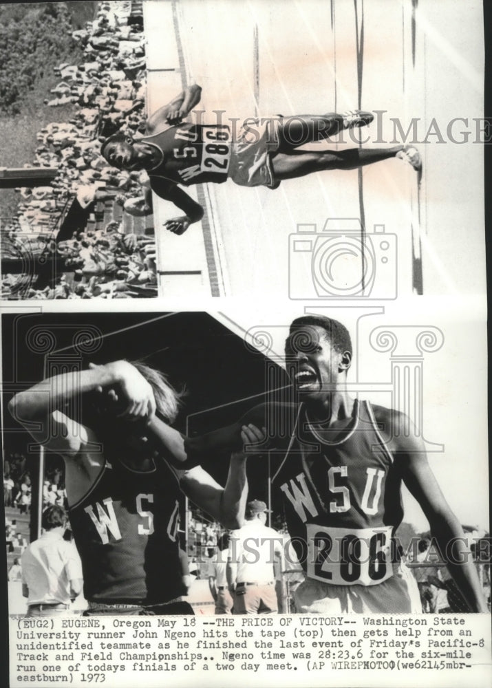 1973 Press Photo Washington State Track Star John Ngeno Crosses Finish Line- Historic Images