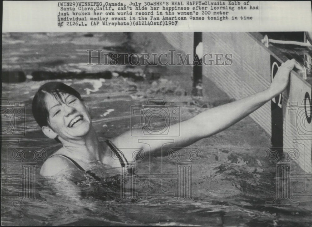 1967 Press Photo Swimming champ, Claudia Kolb, breaks own record in PanAm Games- Historic Images