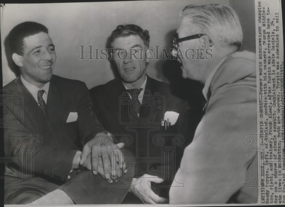 1953 Press Photo Boxing champ, Randy Turpin with Frank Alear &amp; George Middleton- Historic Images