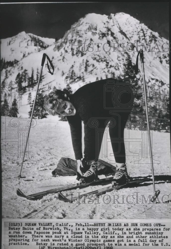 1960 Press Photo Skier Betsy Snite during practice for Winter Olympics- Historic Images