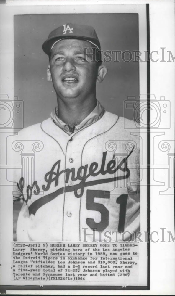 1964 Press Photo Los Angeles Dodgers pitcher Larry Sherry traded to Detroit- Historic Images