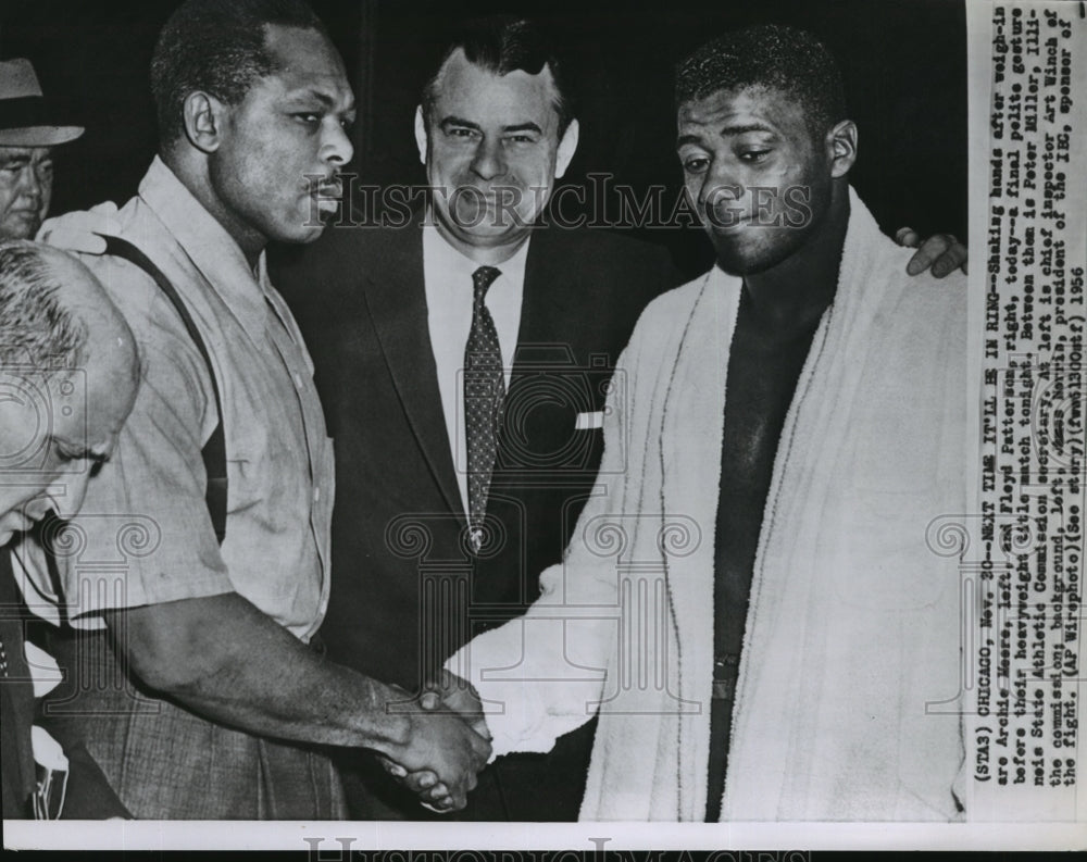 1956 Press Photo Boxers Archie Meere and Floyd Patterson shaking hands- Historic Images