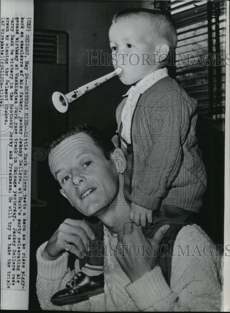 1961 Press Photo Jockey Johnny Sellars with Son Mark at Birthday Party- Historic Images