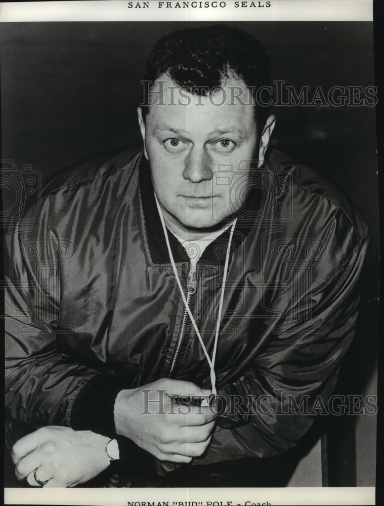 1963 Press Photo Norman &quot;Bud&quot; Pole, San Francisco Seal&#39;s coach, holding whistle- Historic Images