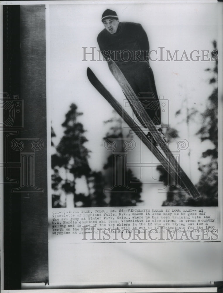 1959 Press Photo Skier Al Vincelette On a Ski Jump at Winter Park, Colorado- Historic Images