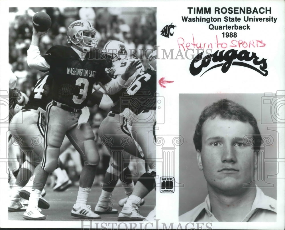 1988 Press Photo Washington State Cougars quarterback Timm Rosenbach - sps14526- Historic Images