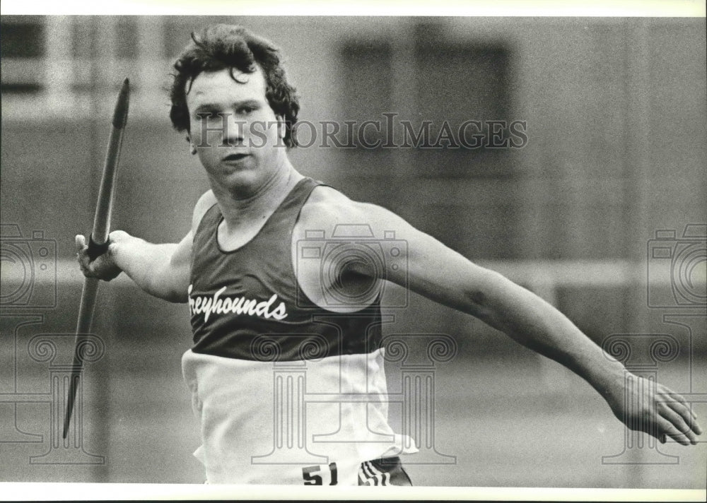 1985 Press Photo Javelin thrower Timm Rosenbach of Pullman High School- Historic Images