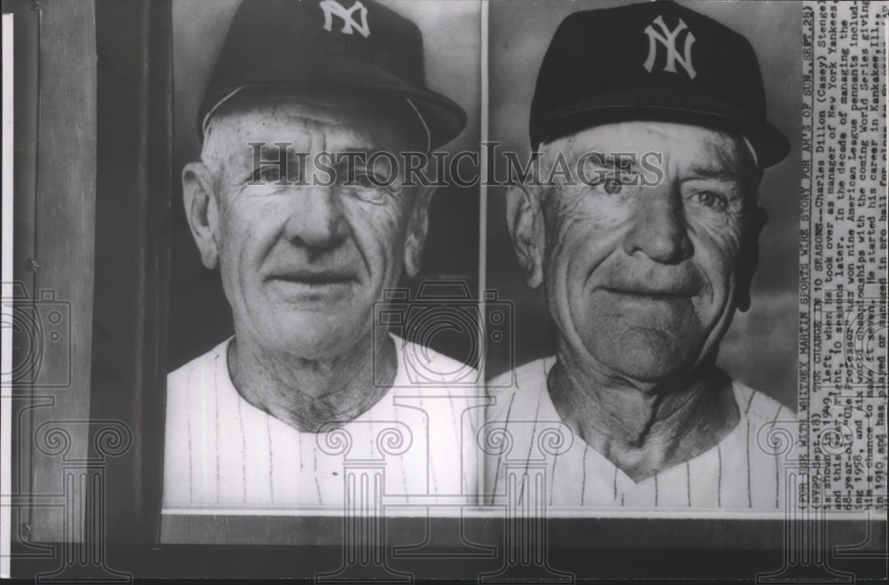 1958 Press Photo Casey Stengel, manager New York Yankees, photos 10 years apart.- Historic Images