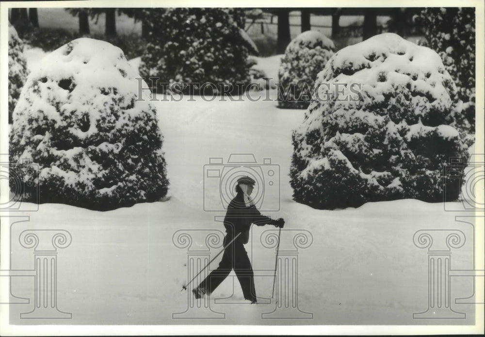 1989 Press Photo Linda Campbell skis through Duncan Gardens in Manito Park- Historic Images