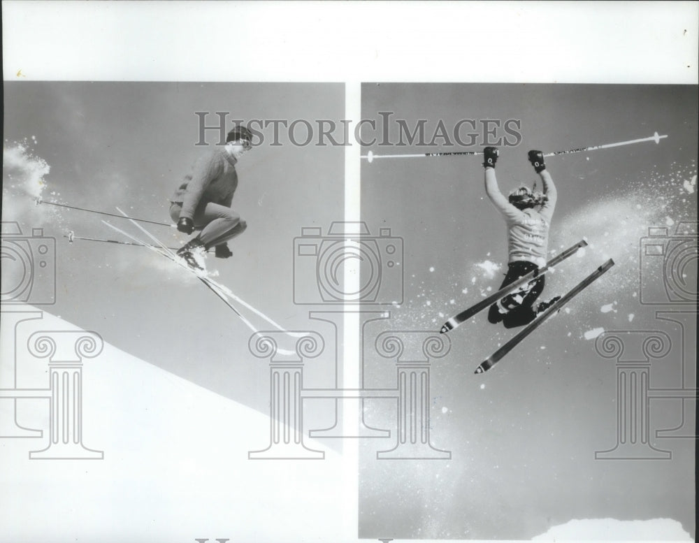 1982 Press Photo Skiers performing tricks in midair - sps15388- Historic Images