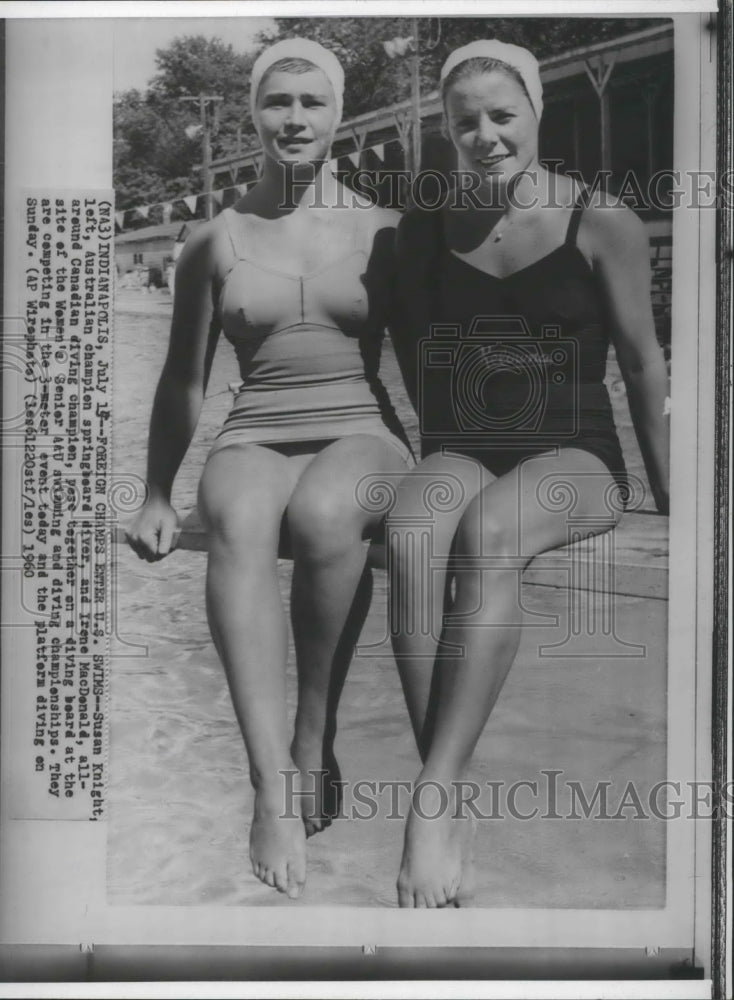 1960 Press Photo Miss Knight an Miss MacDonald, pose on diving board in Indiana- Historic Images