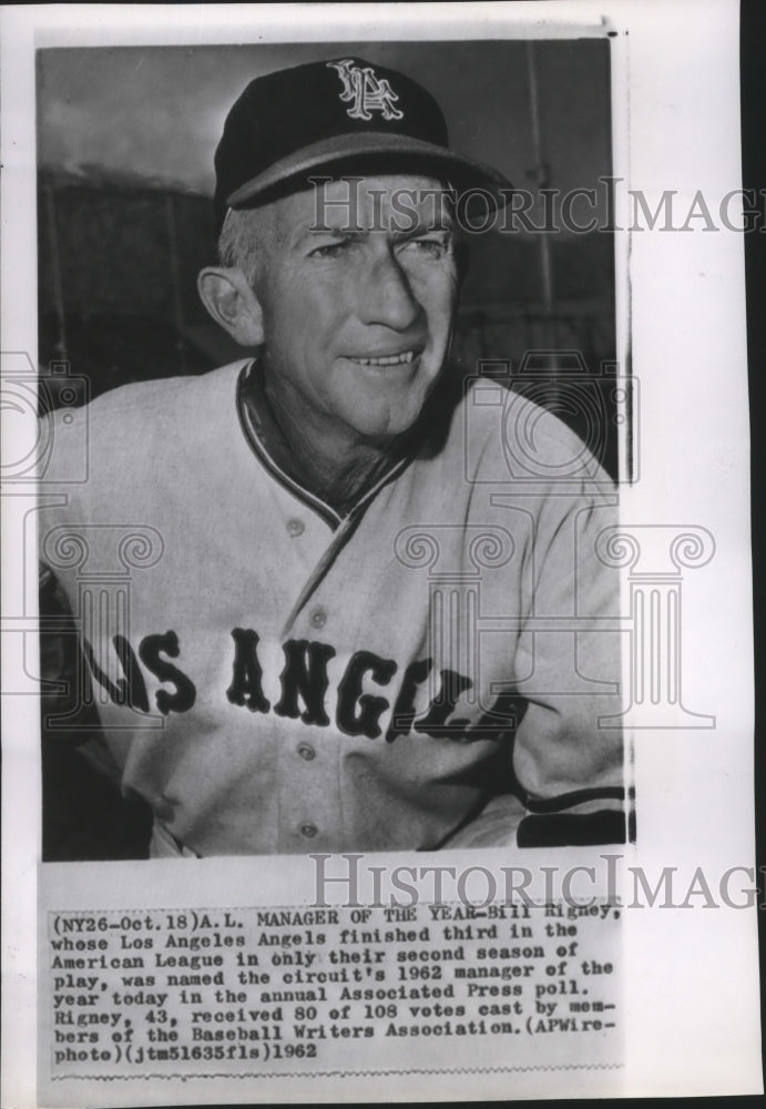 1962 Press Photo Los Angeles Angels Baseball Team Manager Bill Rigney- Historic Images